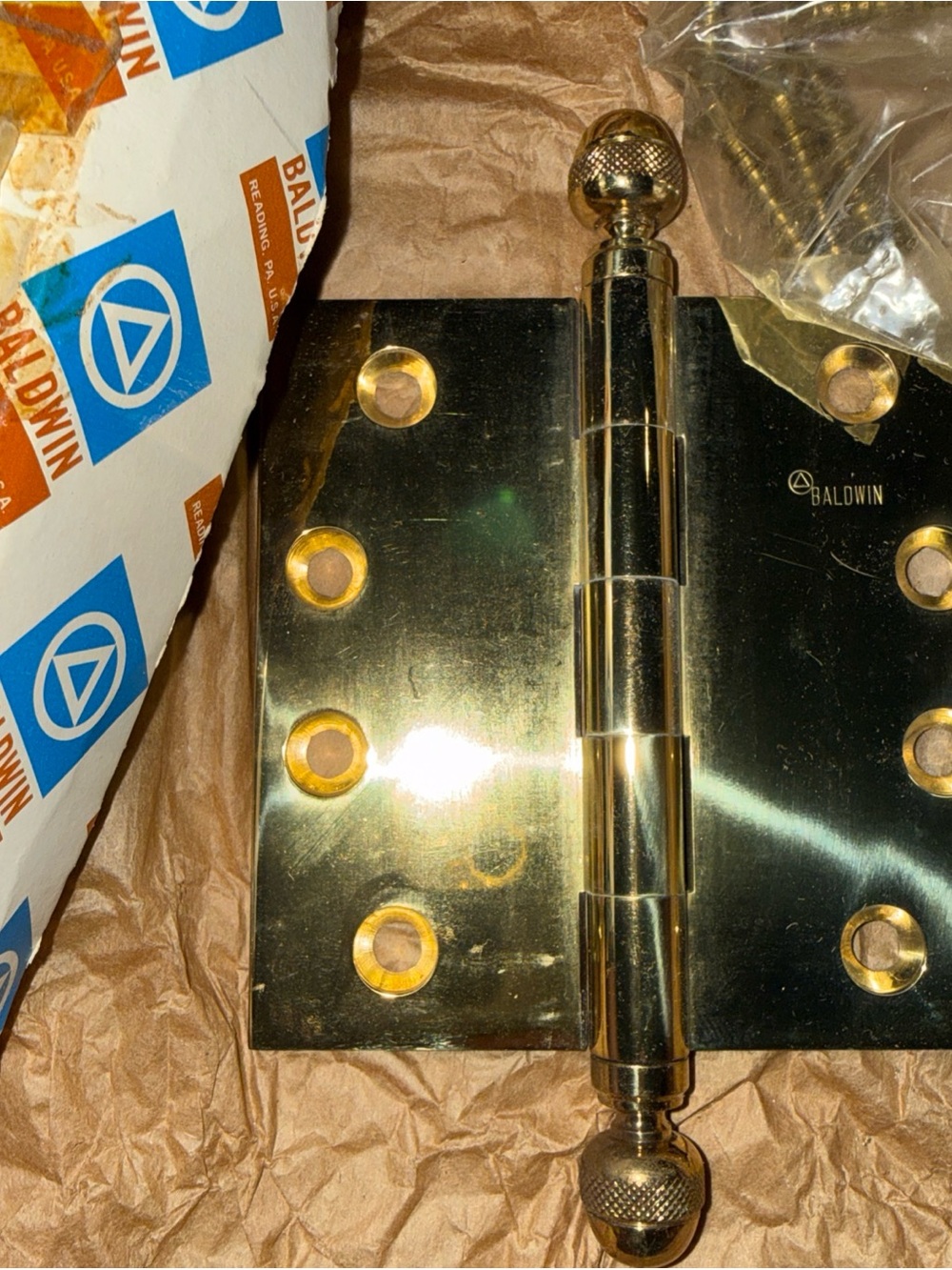 3 Baldwin Polished Brass Decorative Door Hinges w/Acorn Finials & 8 Screws
